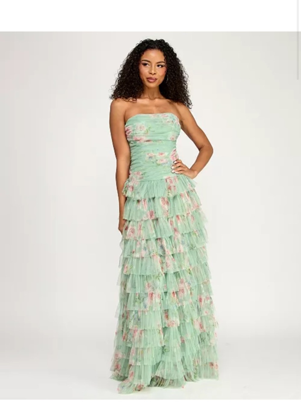 Strapless Mint Floral Tiered Ruffle Gown